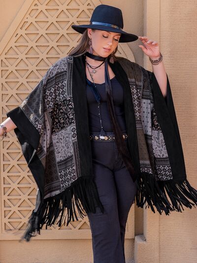 Plus Size Printed Fringe Open Front Outerwear