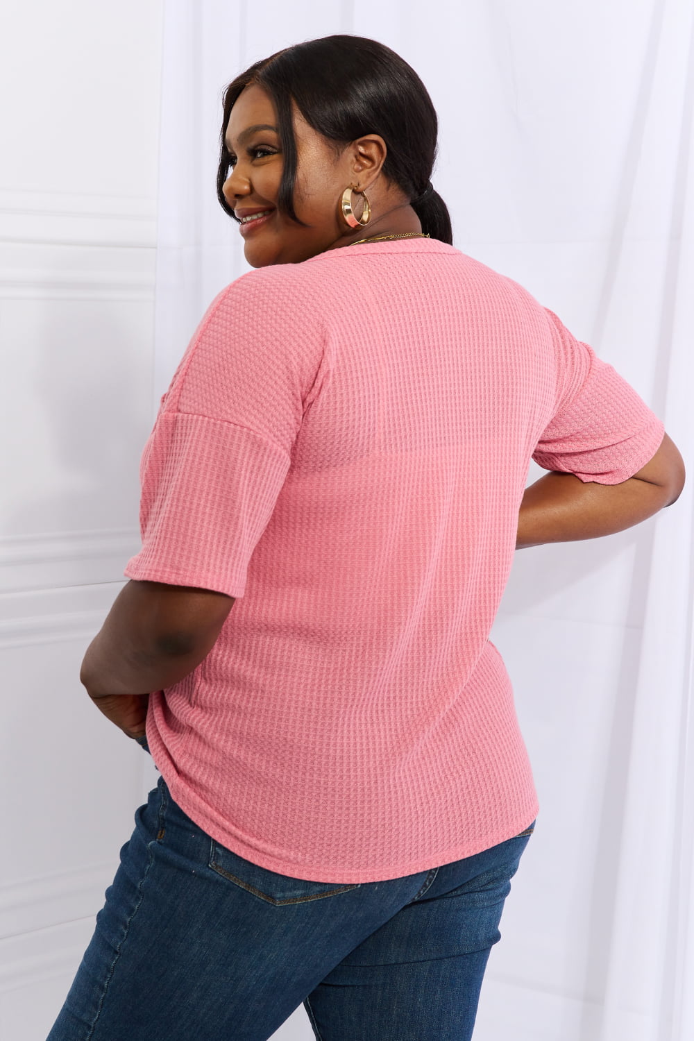 Heimish Made For You Full Size 1/4 Button Down Waffle Top in Coral