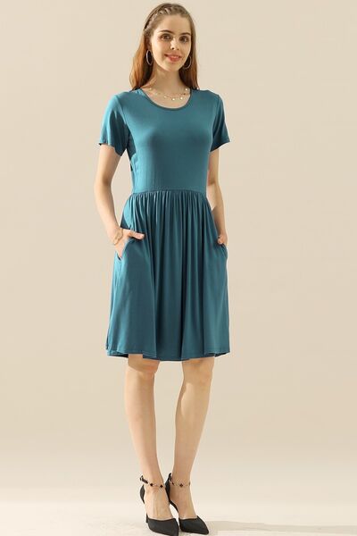 Ninexis Full Size Round Neck Ruched Dress with Pockets