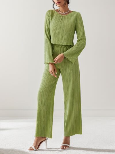 Round Neck Long Sleeve Top and Pants Set