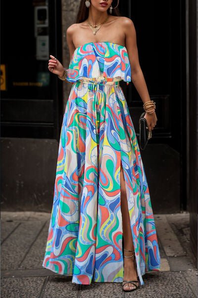 Slit Printed Tube Maxi Dress